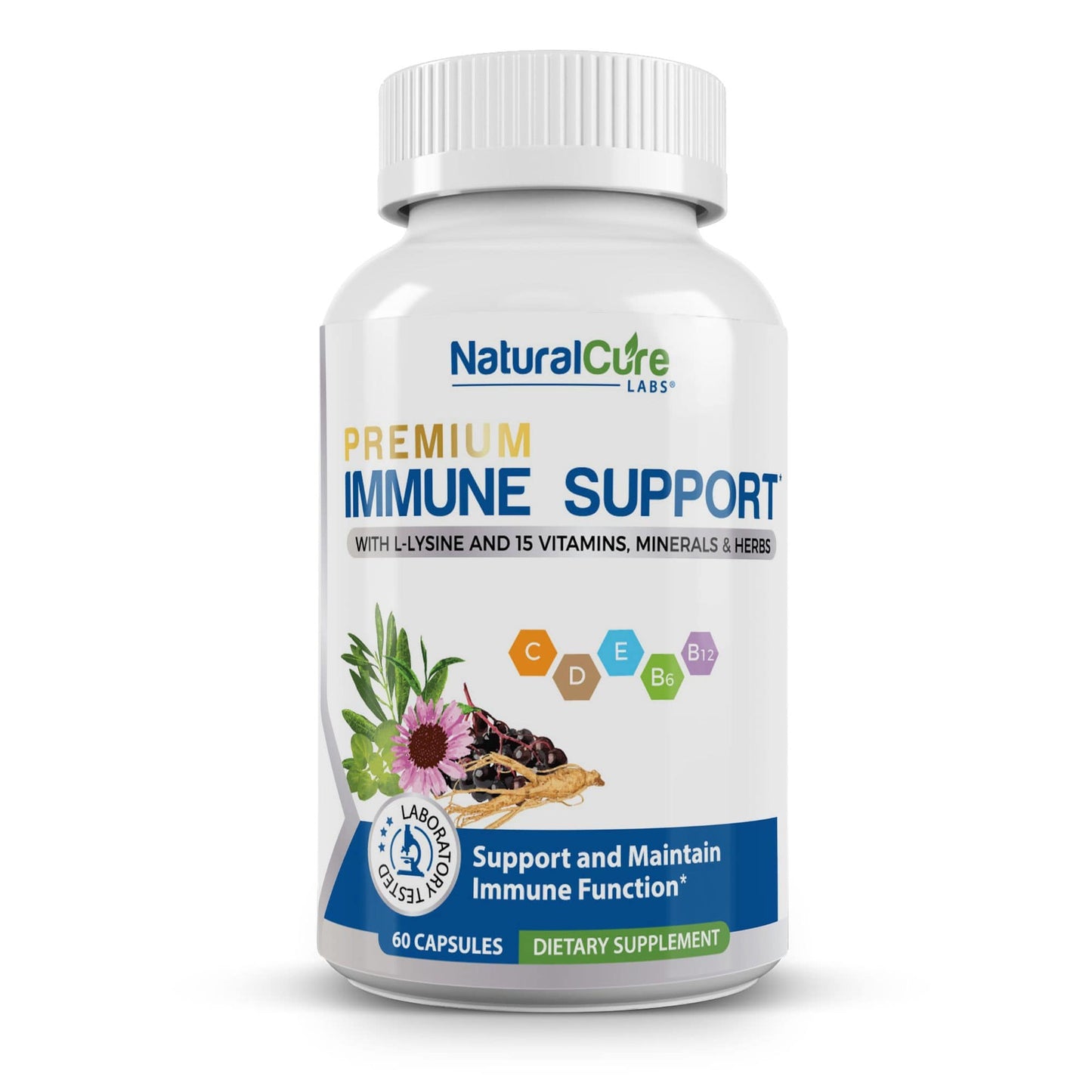 Front view of Natural Cure Labs Premium Immune Support dietary supplement bottle. It contains a potent blend with L-Lysine and 15 other vitamins, minerals, and herbs aimed at supporting and maintaining immune function, encapsulated in 60 vegetarian capsules. The packaging emphasizes the supplement's role in contributing to overall immune health.