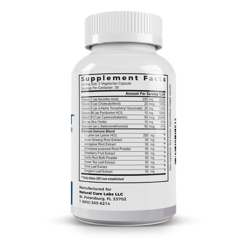 The label on Natural Cure Labs Premium Immune Support supplement provides a detailed list of its comprehensive 16 ingredient blend. With vitamins C, D, E, B6, B12, selenium, and a premium immune blend including L-Lysine, this vegetarian capsule formulation is designed to bolster immune function, as indicated by the supplement facts on the label.