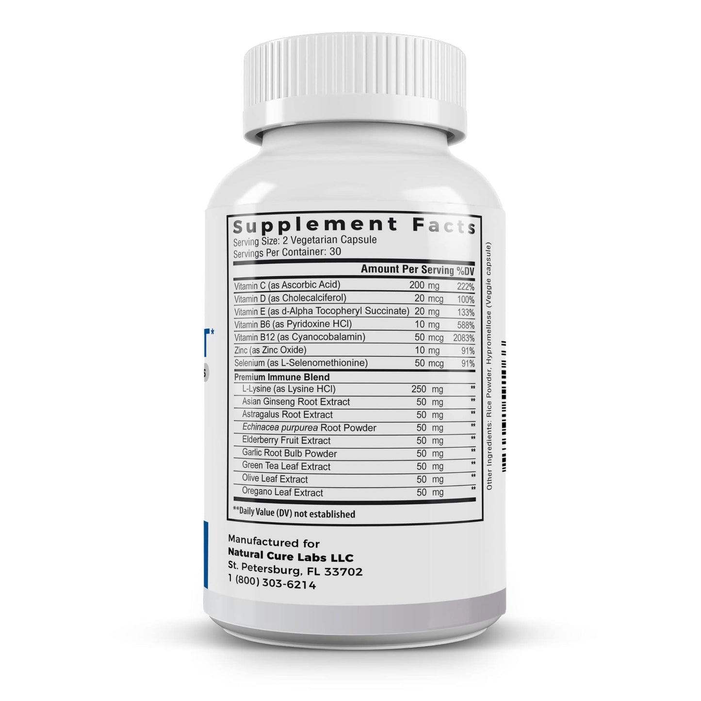 
                  
                    The label on Natural Cure Labs Premium Immune Support supplement provides a detailed list of its comprehensive 16 ingredient blend. With vitamins C, D, E, B6, B12, selenium, and a premium immune blend including L-Lysine, this vegetarian capsule formulation is designed to bolster immune function, as indicated by the supplement facts on the label.
                  
                