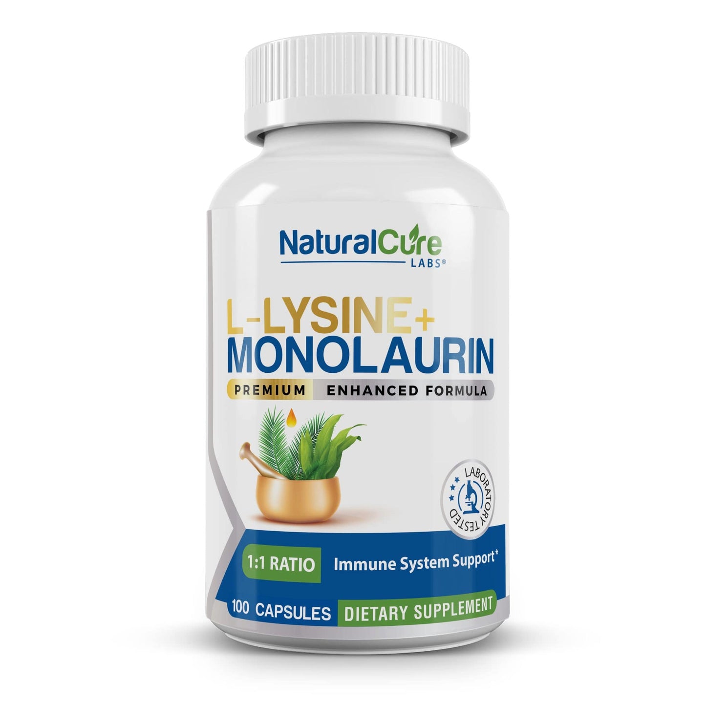 A bottle of Natural Cure Labs L-Lysine + Monolaurin dietary supplement, indicating a 1:1 ratio blend for immune system support, with 100 capsules per bottle.
