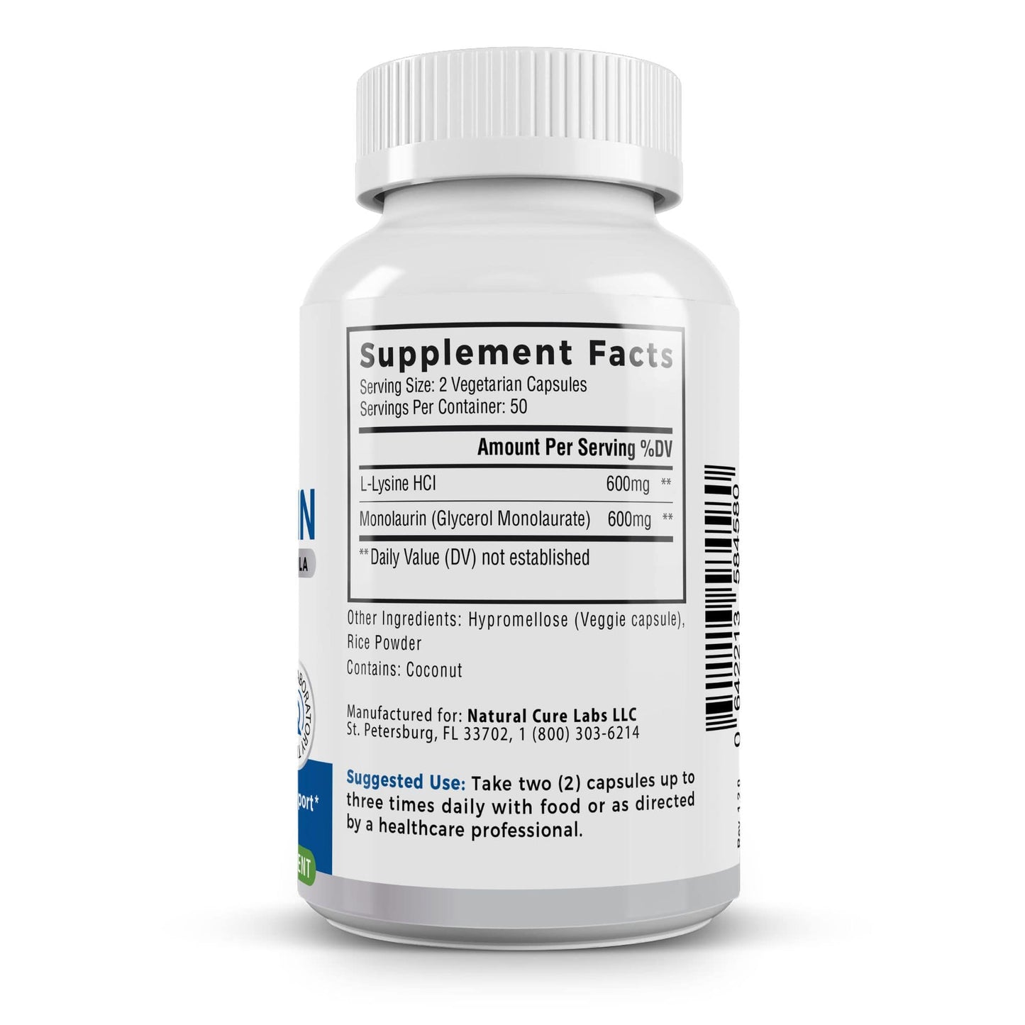 Right side of the Natural Cure Labs L-Lysine + Monolaurin bottle, displaying supplement facts, including serving size of two vegetarian capsules with 600mg of L-Lysine HCl and 600mg of Monolaurin per serving.