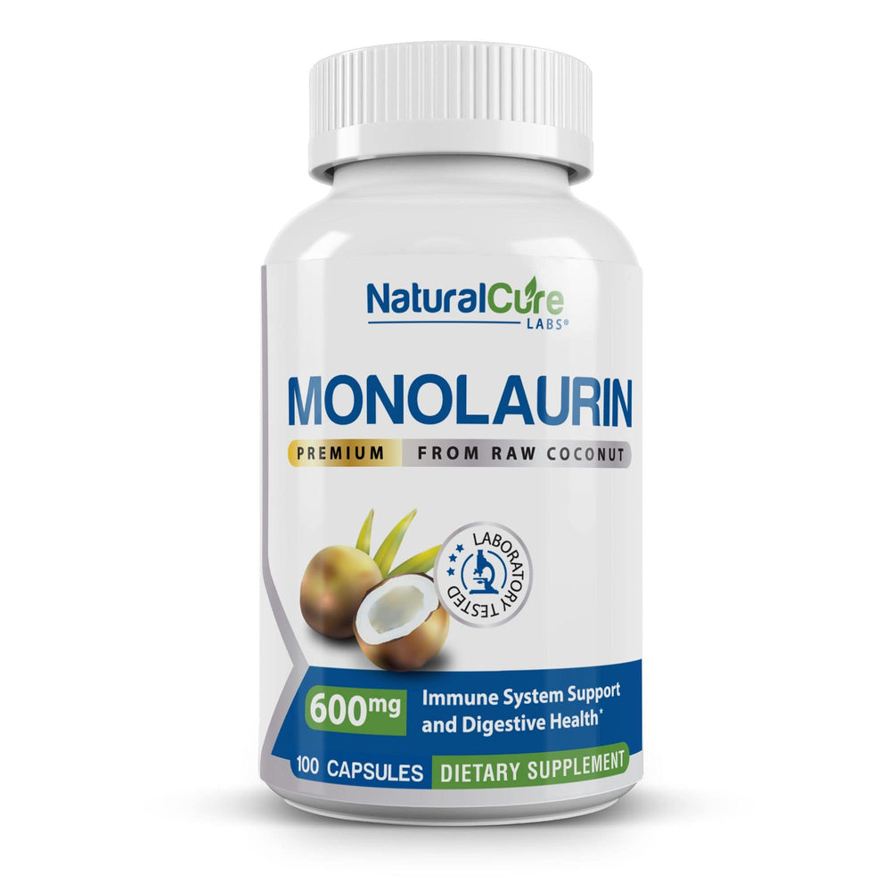 Front view of the Natural Cure Labs Monolaurin 600mg dietary supplement bottle, stating it's made from premium raw coconut for immune system support and digestive health, containing 100 capsules.