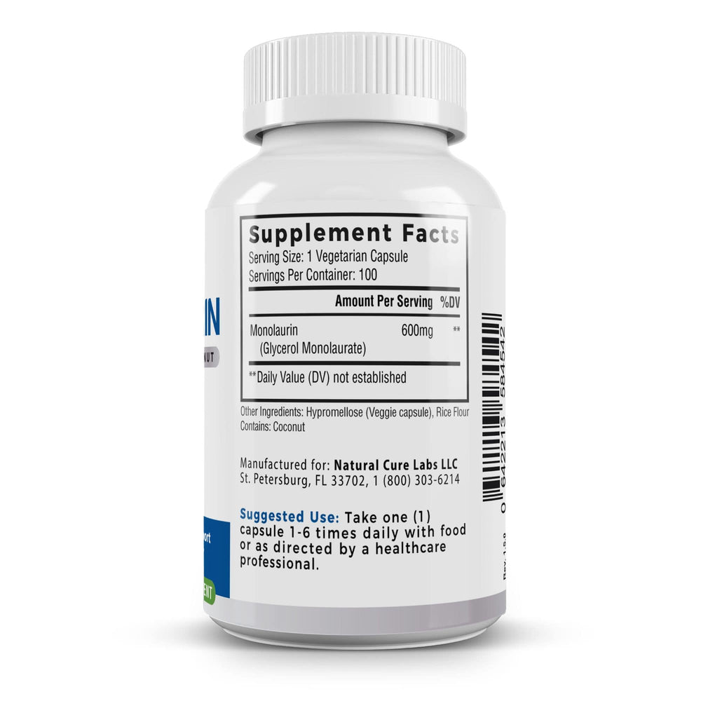 Right side view of the Natural Cure Labs Monolaurin 600mg dietary supplement bottle, showing supplement facts for a serving size of one vegetarian capsule and 600mg of Monolaurin per serving, with a total of 100 servings per container.