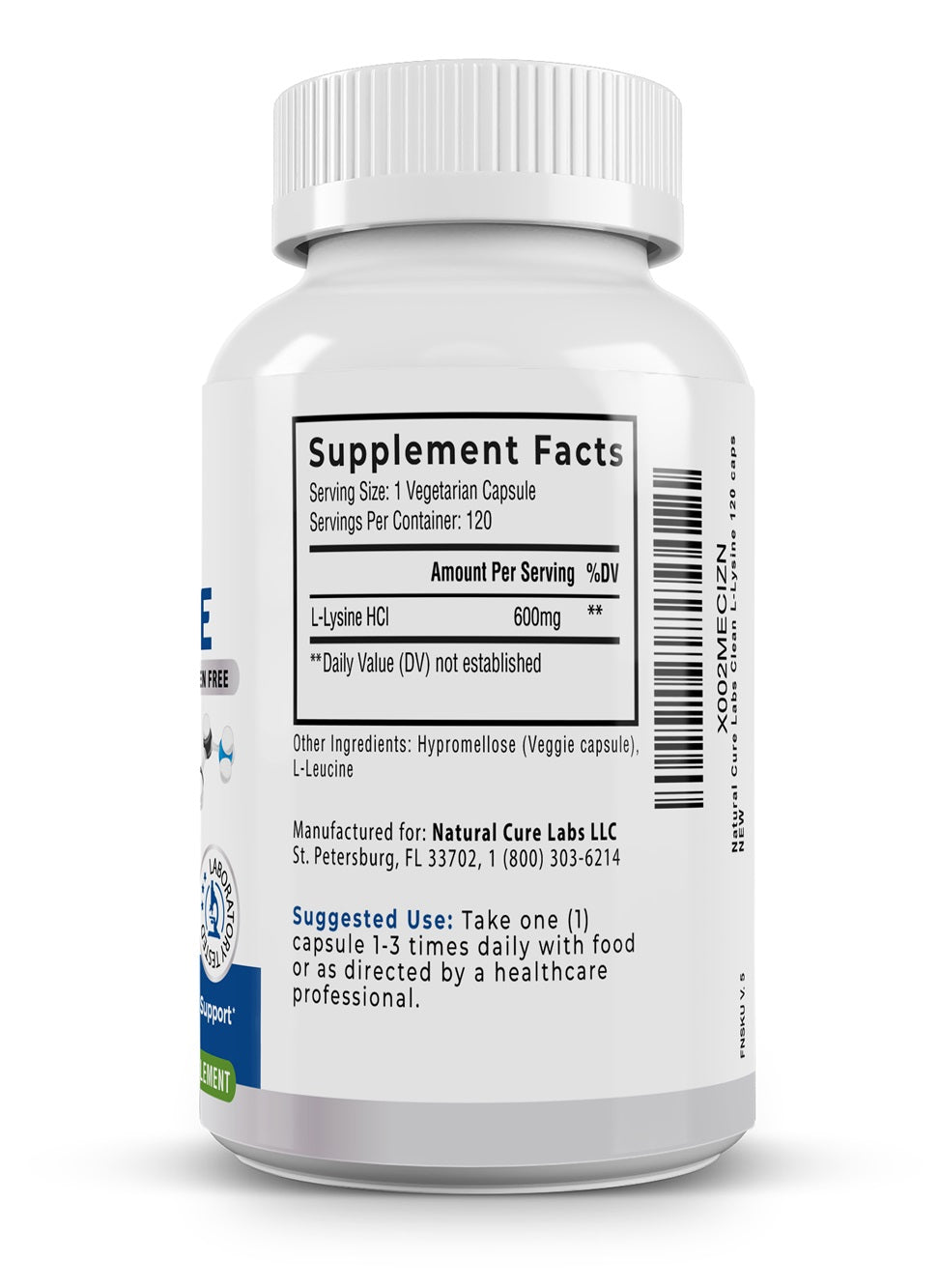 NaturalCure Labs Clean L-Lysine Supplement Facts.