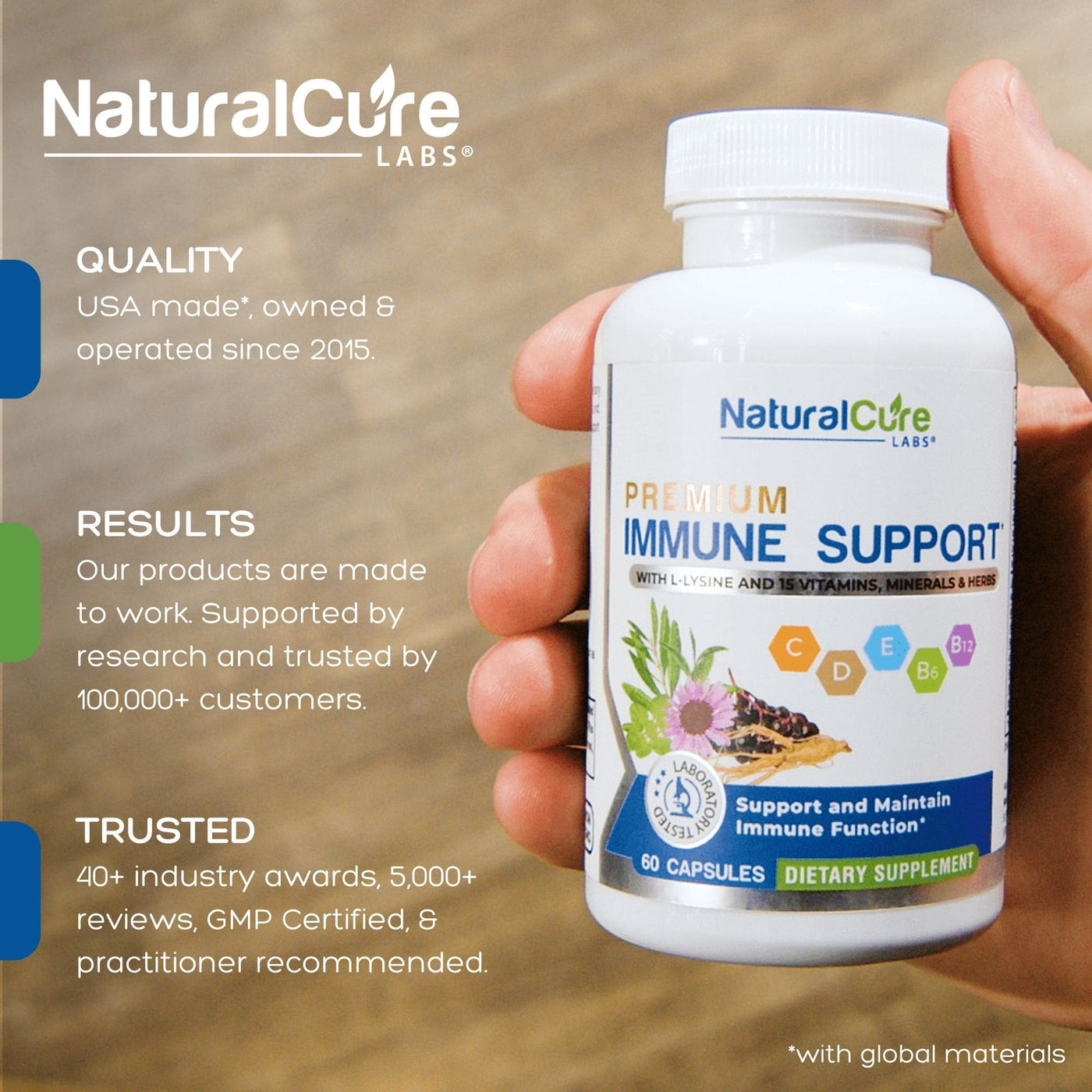 NaturalCure Premium Immune Support with L-Lysine, minerals, and herbs for immune system support.