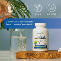 NatualCure Clean L-Lysine 600 mg supplement bottle — gluten-free, vegan, lab tested.