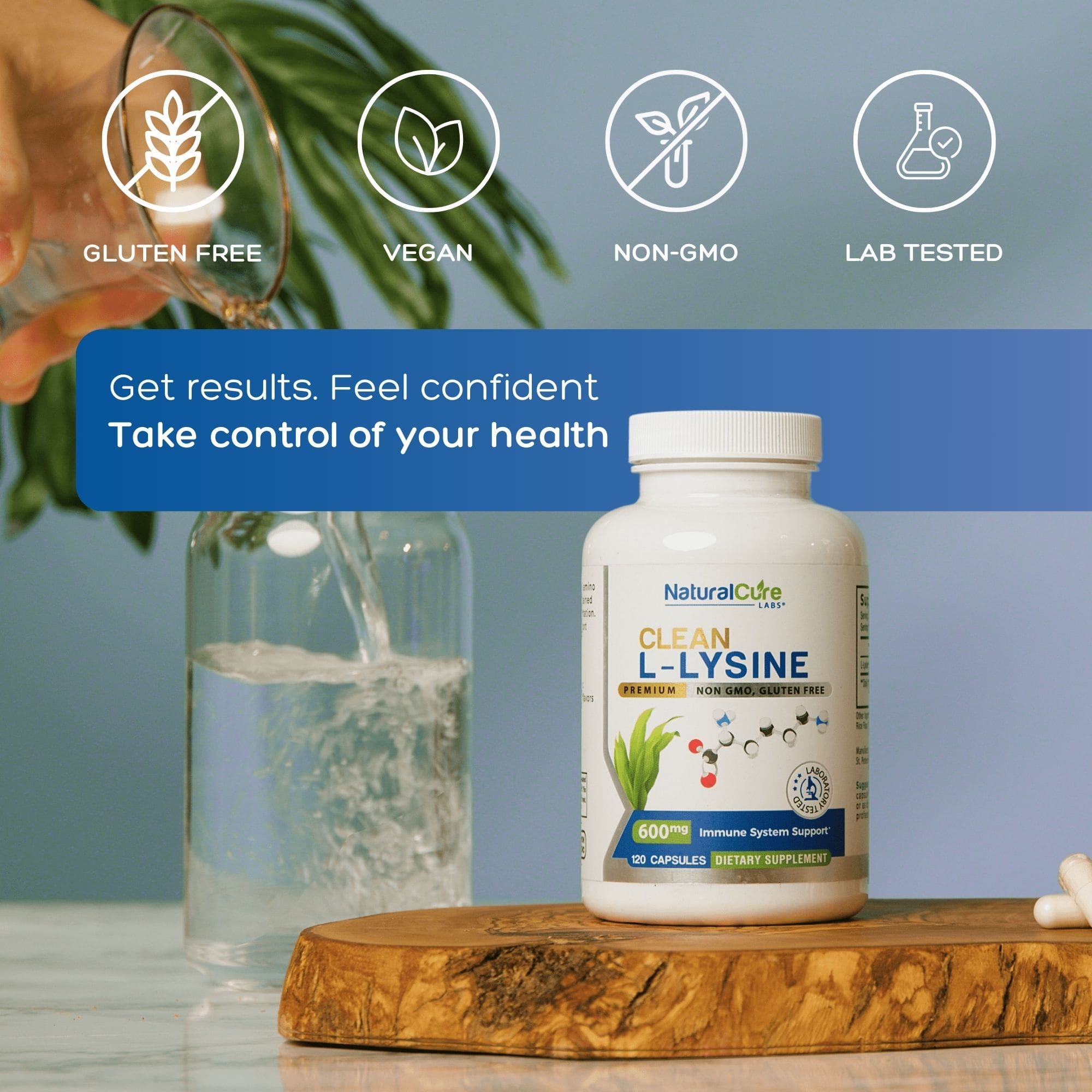 NatualCure Clean L-Lysine 600 mg supplement bottle — gluten-free, vegan, lab tested.