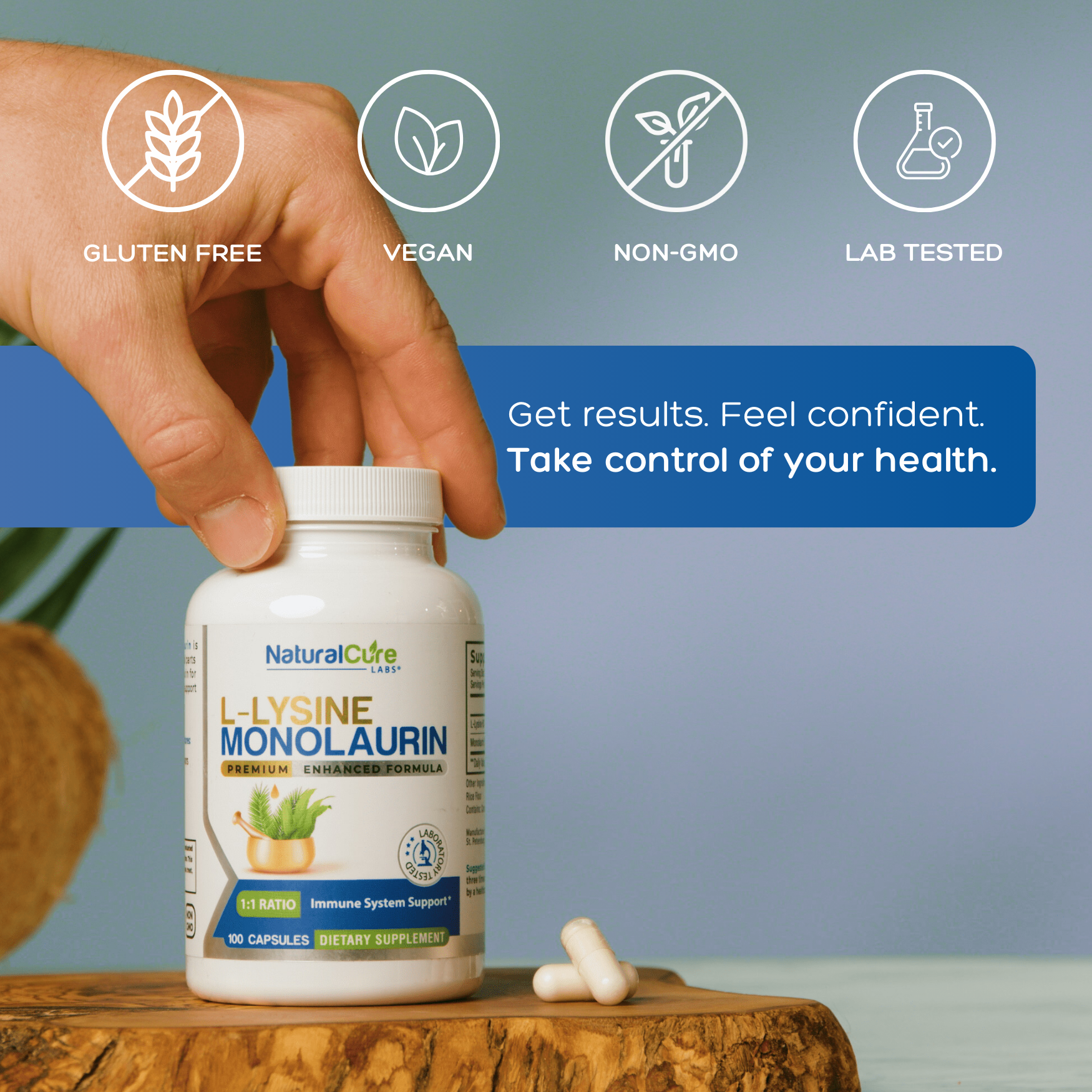 Natural Cure Labs L-Lysine with Monolaurin supplement bottle— gluten free, vegan, non-GMO, lab tested.