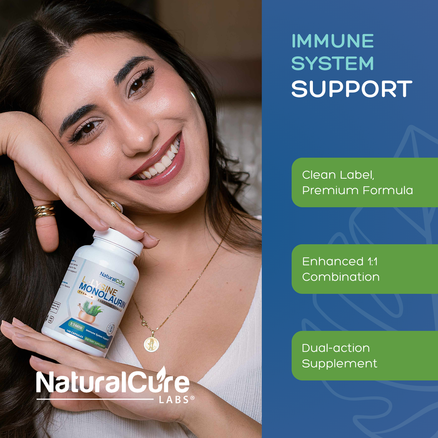 Natural Cure Labs L-Lysine with Monolaurin supplement bottle — clean label dual-action immune support formula.