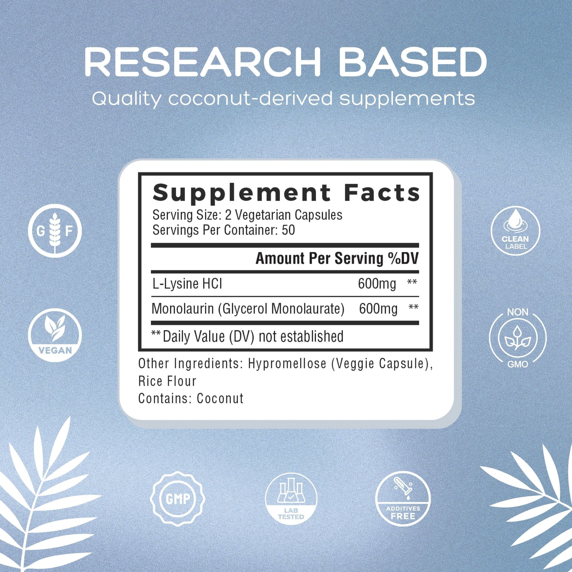 Supplement Facts for L-Lysine HCl 600 mg and Monolaurin 600 mg capsules with rice flour and coconut