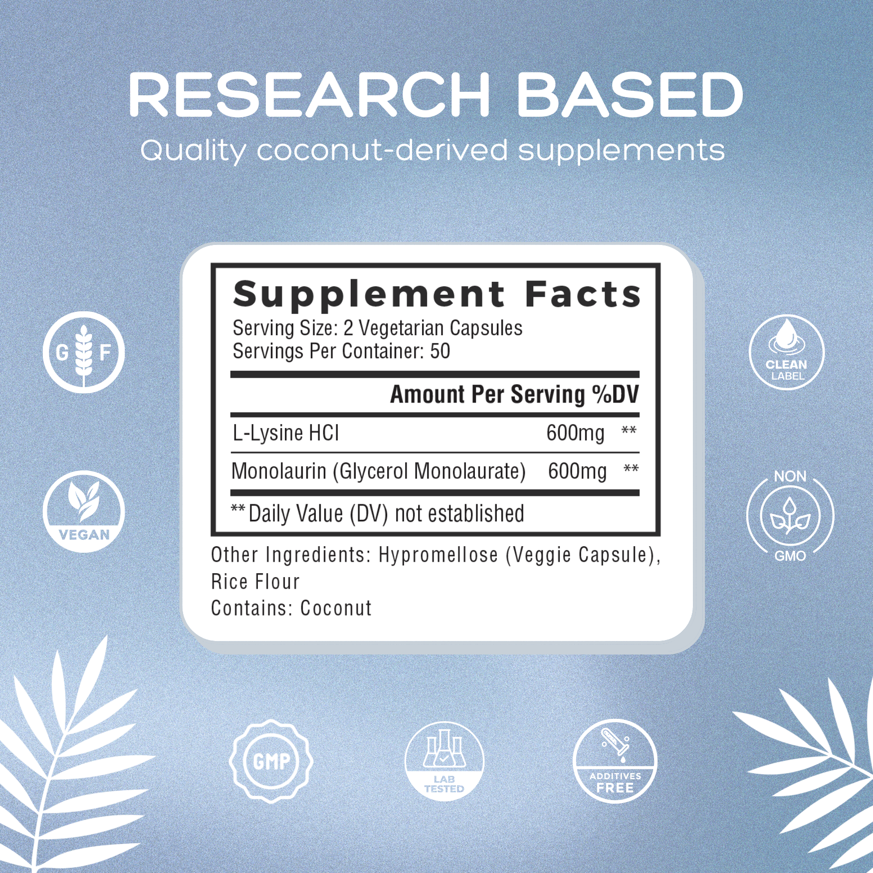 Supplement Facts for L-Lysine HCl 600 mg and Monolaurin 600 mg capsules with rice flour and coconut