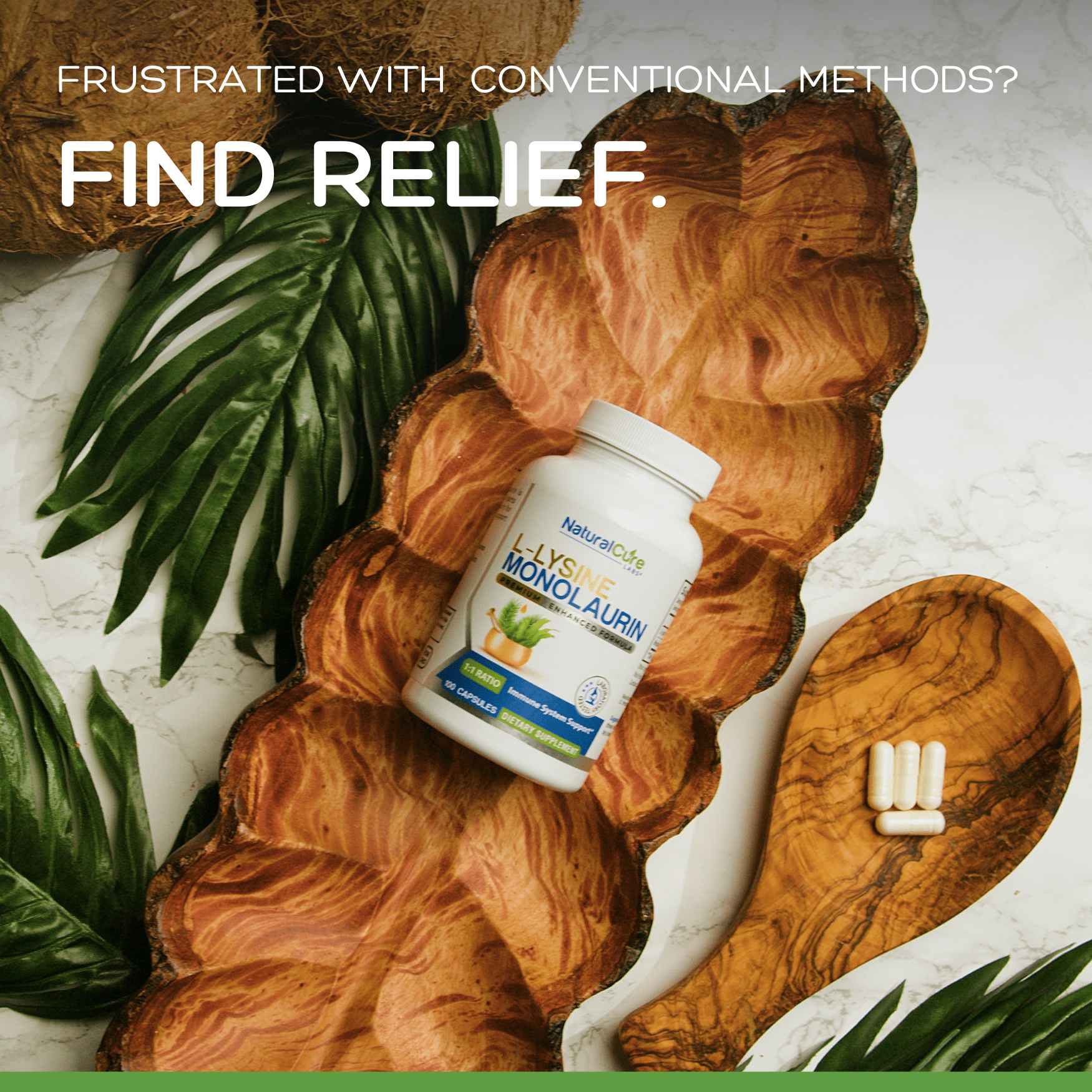 Natural Cure L-Lysine with Monolaurin supplement for Immune Support.