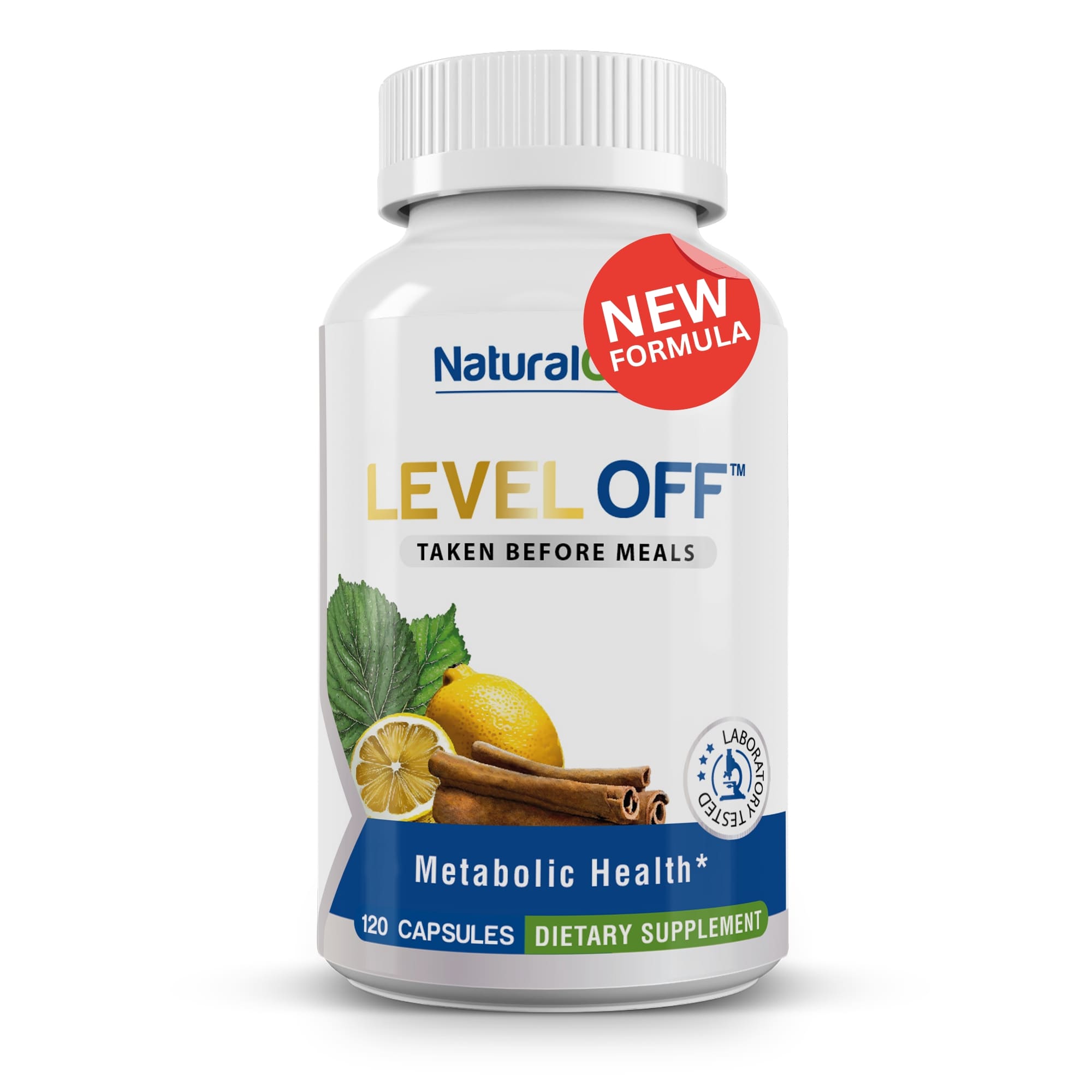 Supplement bottle labeled 'Level Off' with a white background
