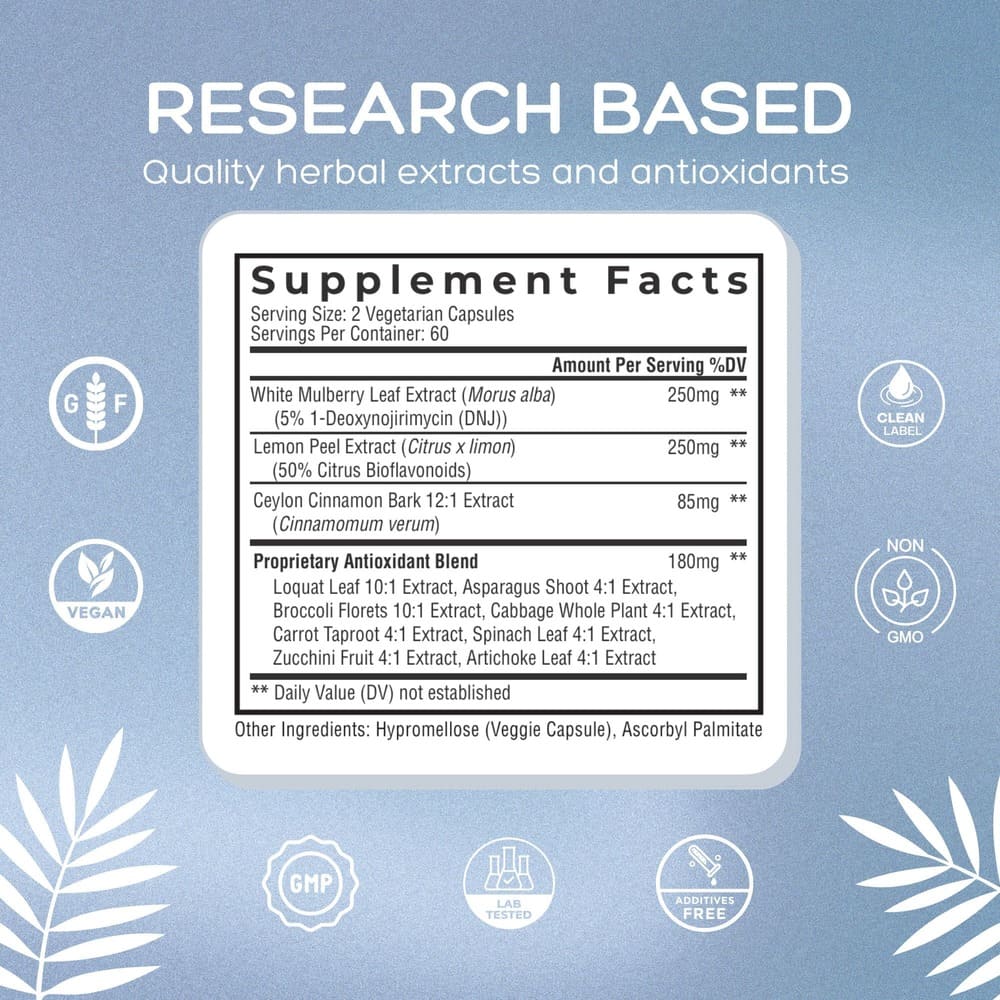Supplement facts label with herbal extract information on a blue background