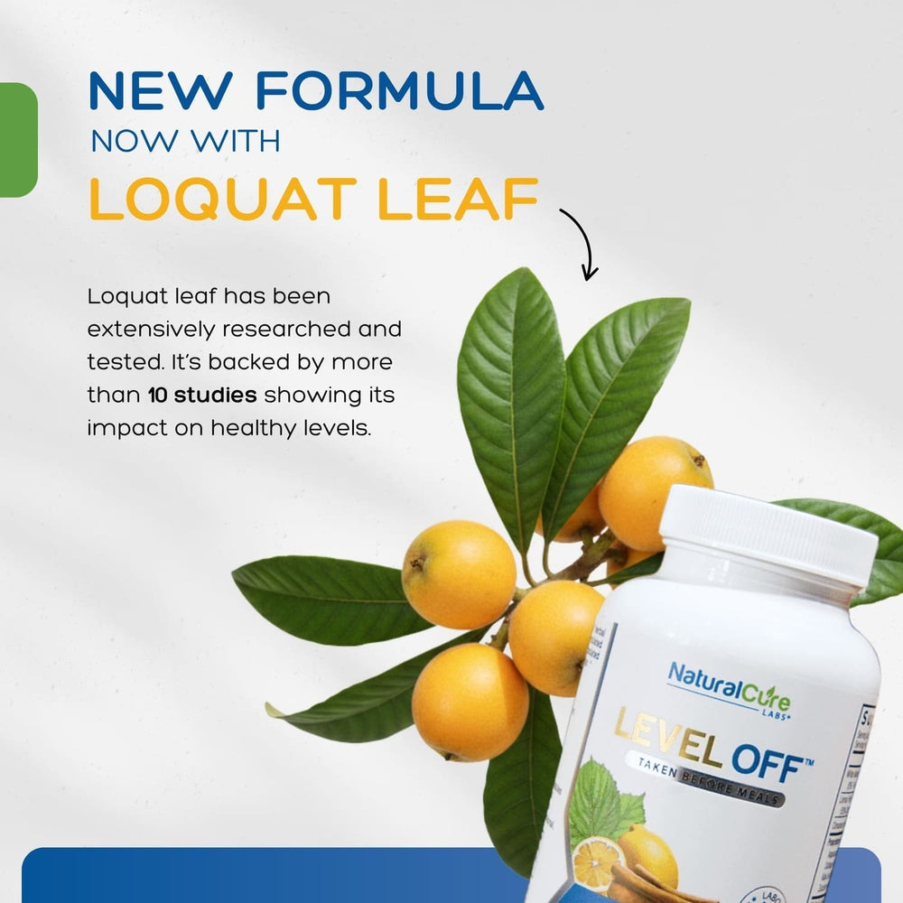 Advertisement for a supplement with loquat leaf, featuring a bottle labeled 'Natural Care Level Off' on a light gray background.