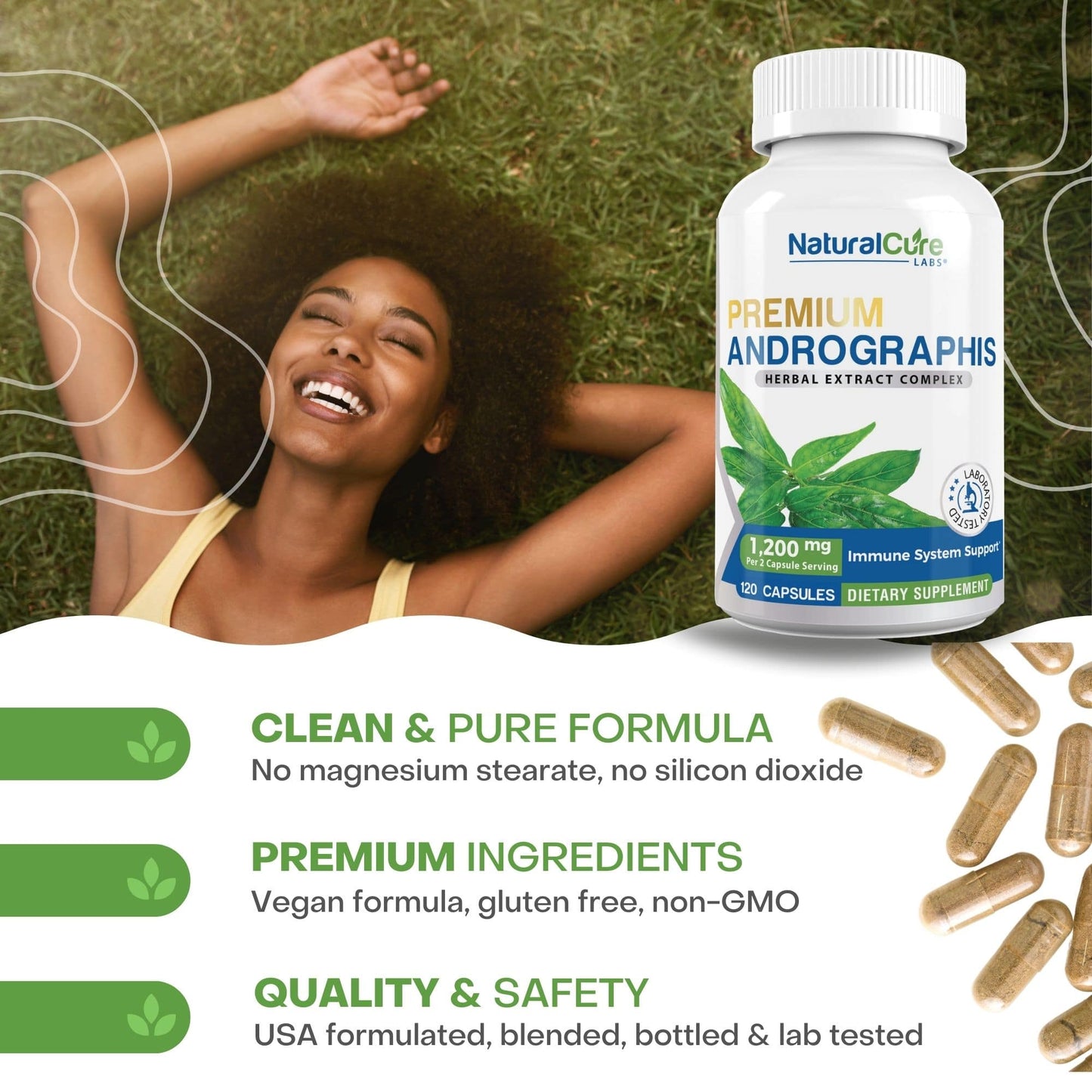 
                  
                    A woman enjoys a moment outdoors next to a bottle of NaturalCure Labs Andrographis, emphasizing the supplement's clean and pure formula for immune support.
                  
                
