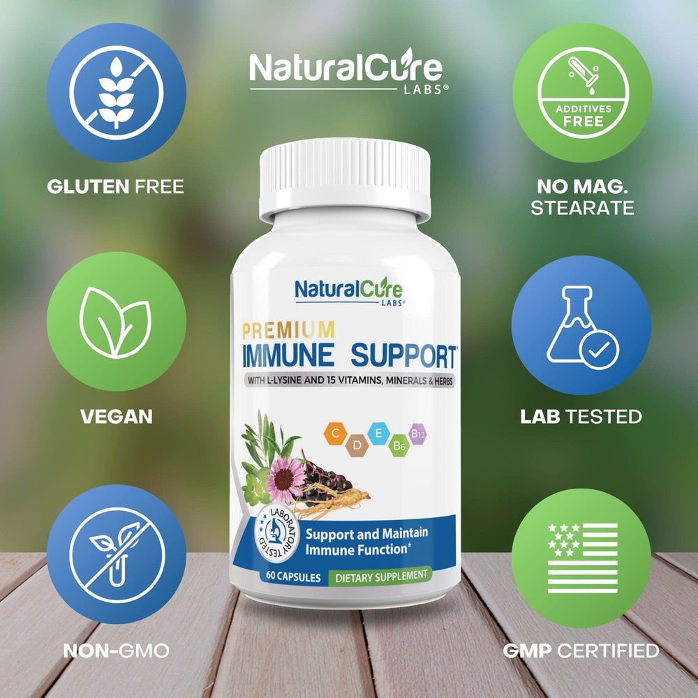 
                  
                    Emblems of certification on Natural Cure Labs Immune Support supplement, highlighting its lab-tested, GMP certified, and additive-free qualities that promise reliable immune support.
                  
                