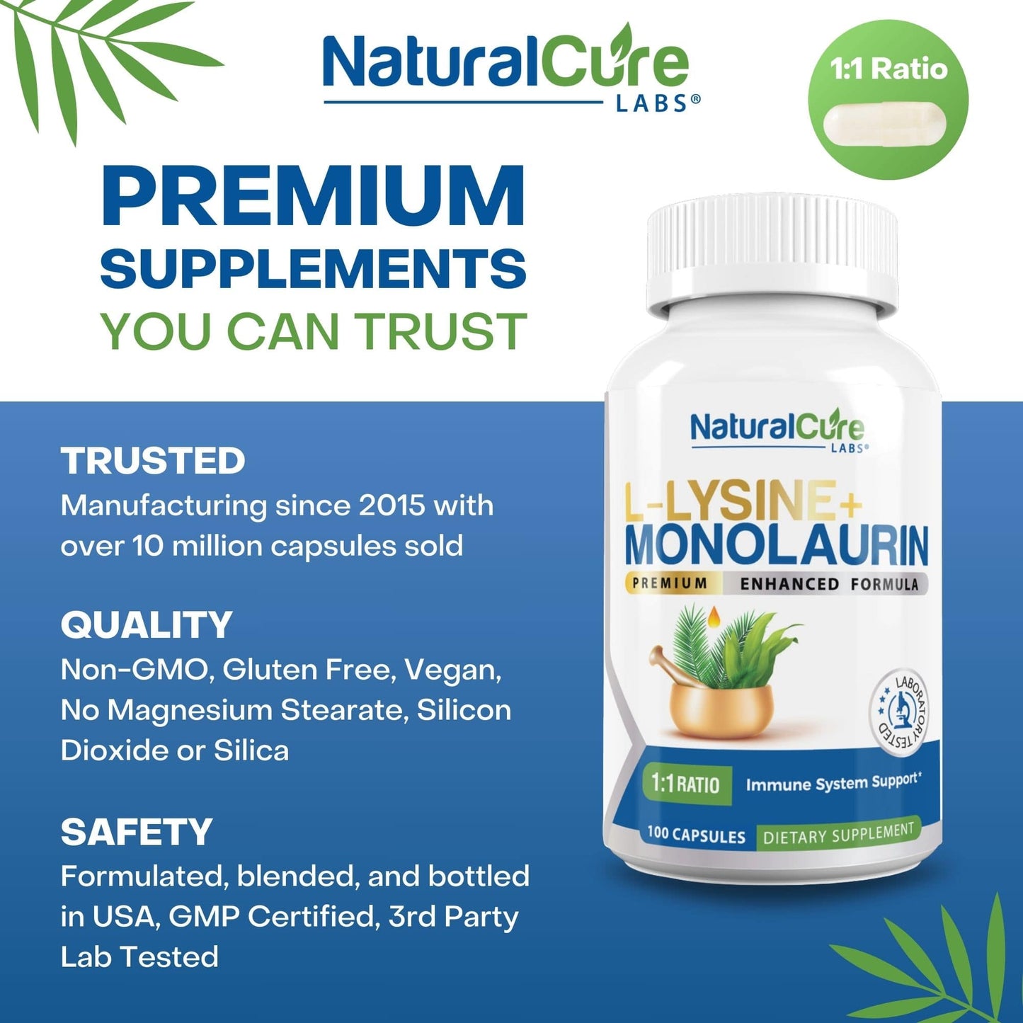 
                  
                    Display of NaturalCure Labs' L-Lysine + Monolaurin 600mg capsules, a supplement that combines the monolaurin benefits with L-Lysine for enhanced immune support, in a non-GMO, gluten-free, and vegan product.
                  
                