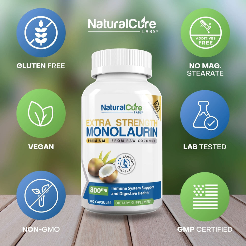 
                  
                    The seal of quality on Natural Cure Labs Monolaurin supplement, verifying the health benefits of monolaurin with certifications for being gluten-free, vegan, and non-GMO.
                  
                