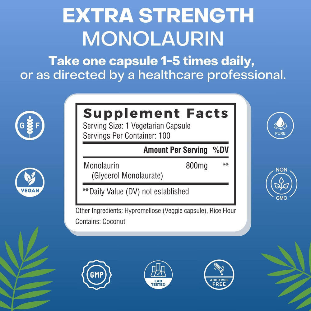 
                  
                    Supplement facts for Natural Cure Labs Monolaurin, detailing the 800mg serving size and emphasizing the monolaurin benefits contained within each vegetarian capsule.
                  
                