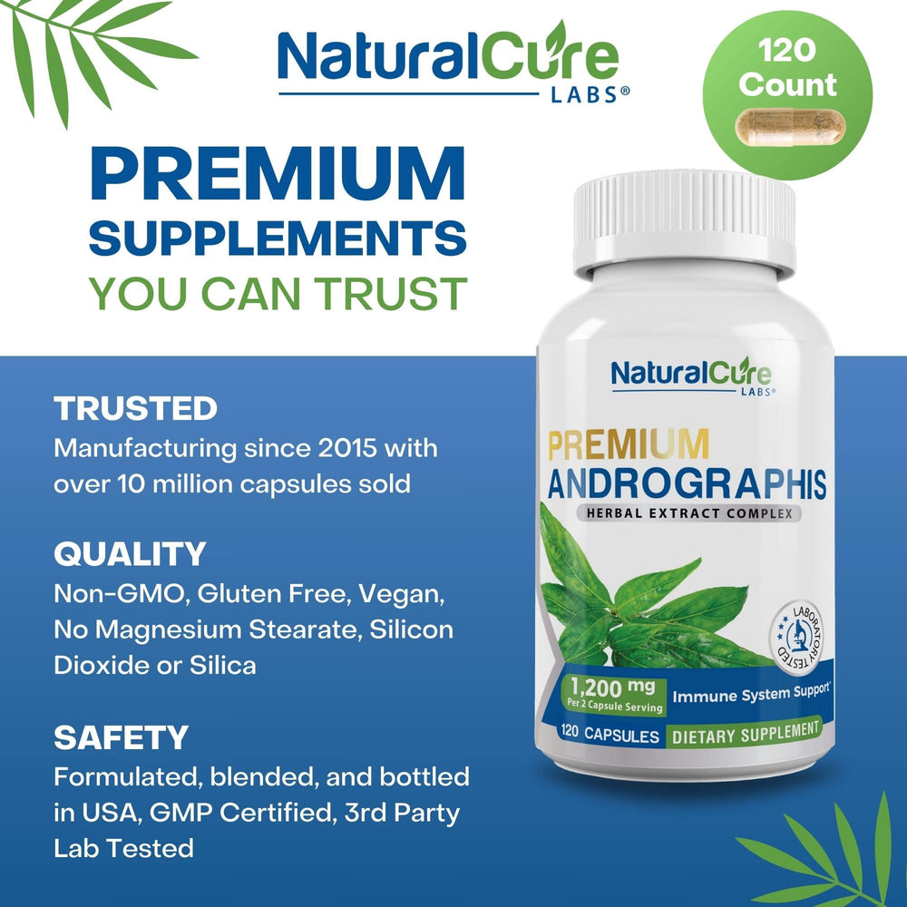 
                  
                    A promotional graphic for NaturalCure Labs Premium Andrographis, highlighting the supplement's natural and trusted qualities, with a bottle showing the 120 capsule count.
                  
                