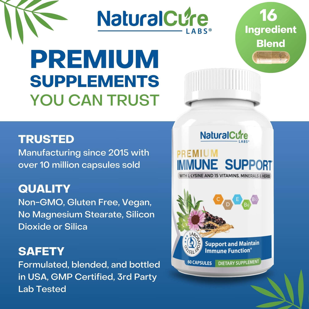 
                  
                    Bottle of Natural Cure Labs Premium Immune Support, featuring a 16-ingredient blend for optimal health, emphasizing the brand's commitment to non-GMO, gluten-free, and vegan options for enhancing immune support.
                  
                