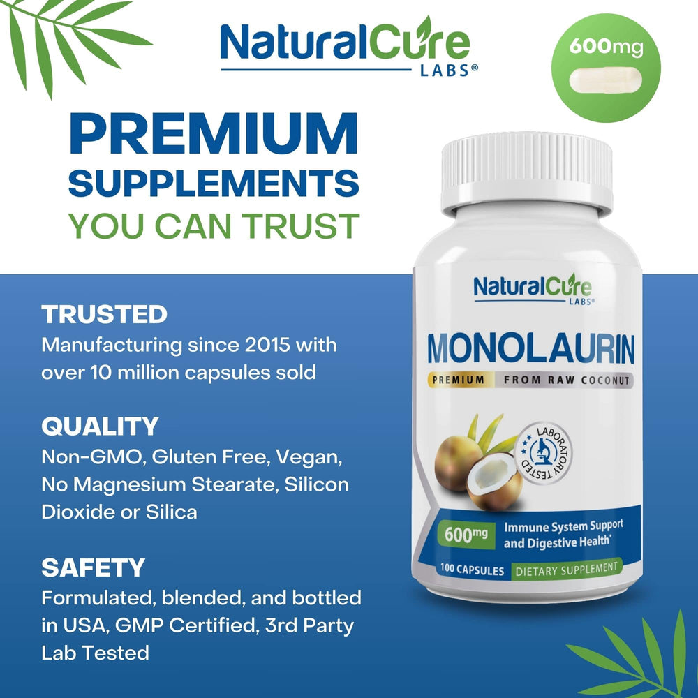 
                  
                    A bottle of Natural Cure Labs Monolaurin, a premium supplement derived from raw coconut, featuring 600mg capsules that support immune and digestive health, showcasing the monolaurin benefits for wellness.
                  
                