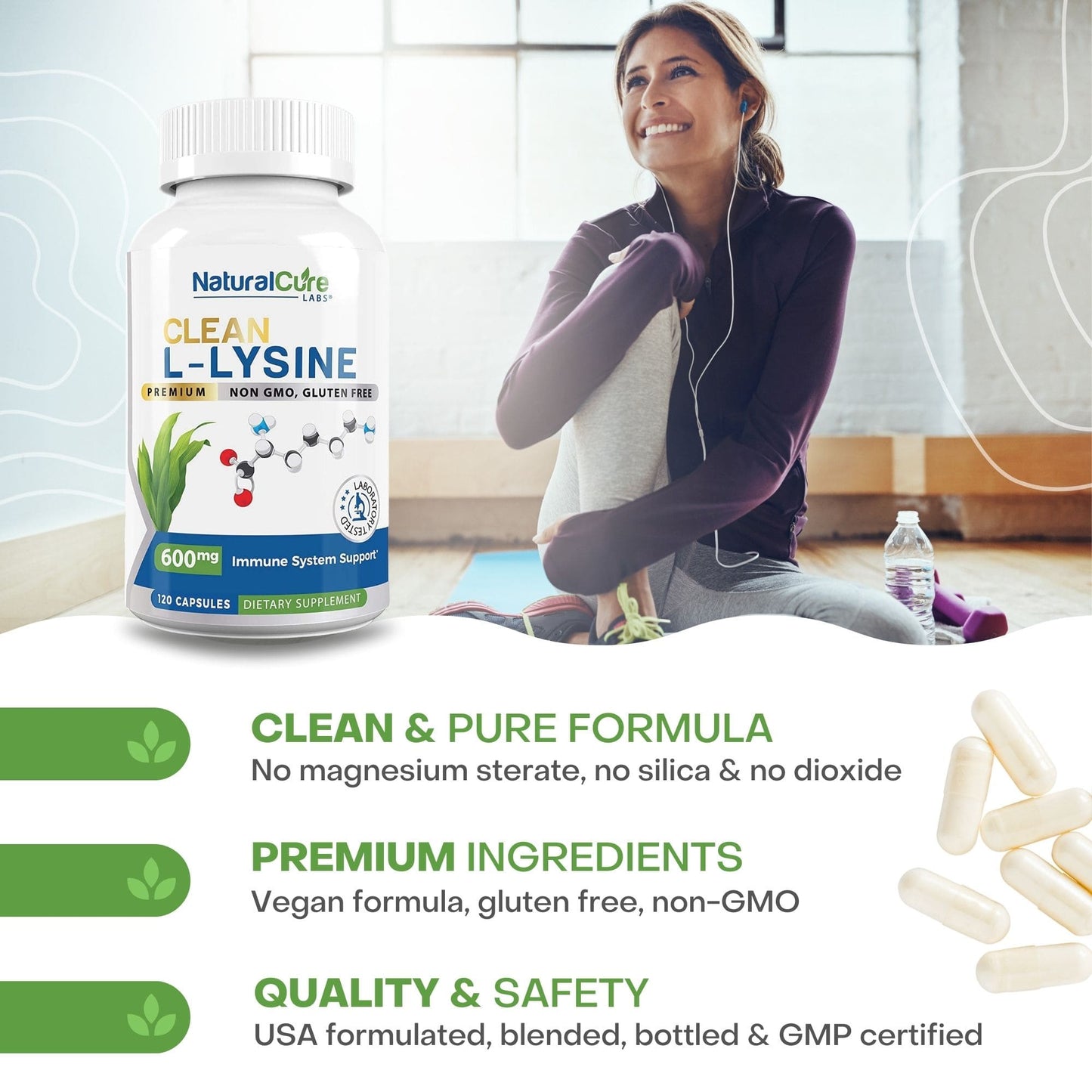 
                  
                    A woman smiling during her workout session with a bottle of NaturalCure Labs L-Lysine, illustrating a healthy, active lifestyle supported by high-quality supplements.
                  
                