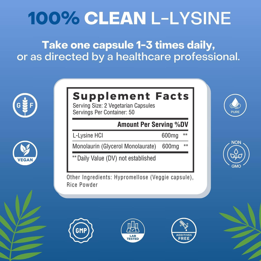 
                  
                    Supplement facts label for NaturalCure Labs' L-Lysine, showing the recommended dosage, vegan ingredients, and the inclusion of monolaurin for enhanced wellness.
                  
                