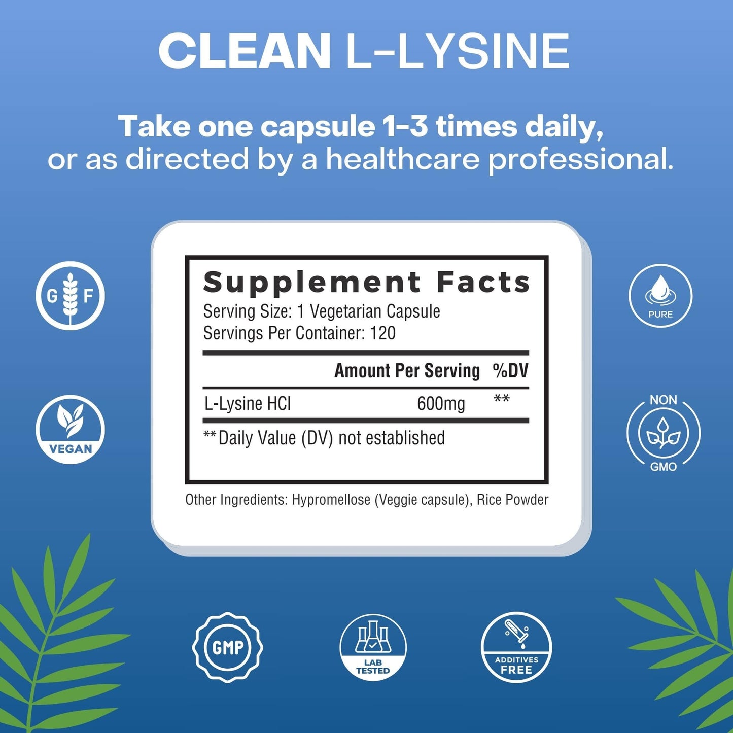 
                  
                    Supplement facts label for Palmara Health's L-Lysine, showing the recommended dosage, vegan ingredients, and the inclusion of monolaurin for enhanced wellness.
                  
                