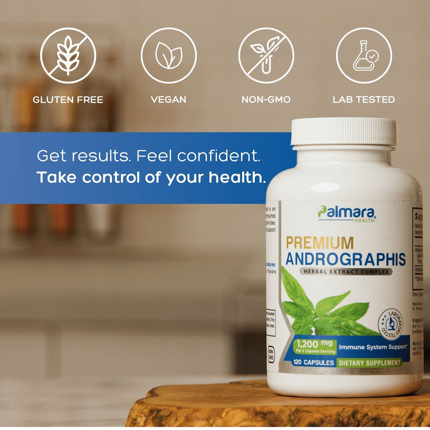 Premium Andrographis 1200 mg supplement bottle gluten-free, vegan, non-GMO, lab tested