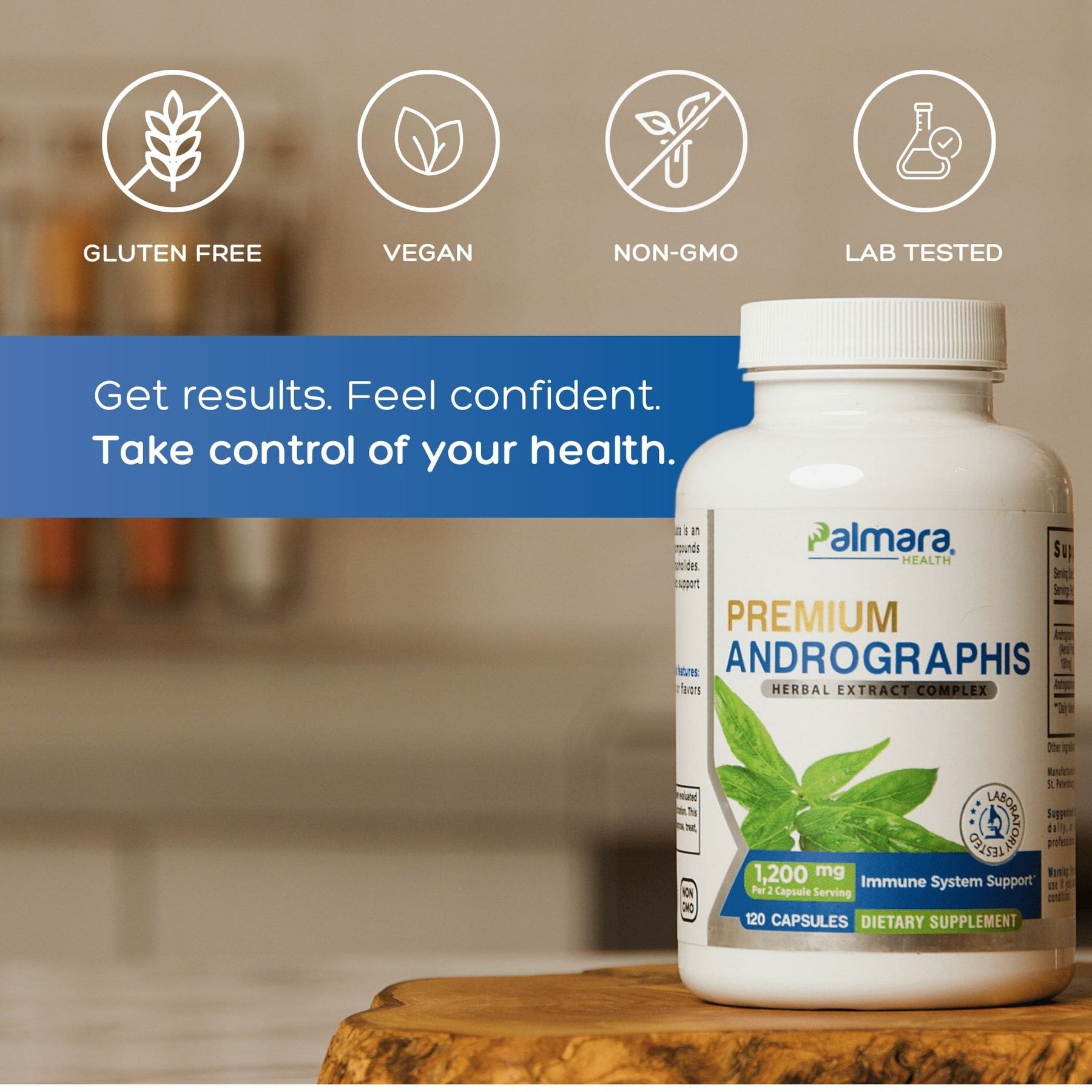 Premium Andrographis 1200 mg supplement bottle gluten-free, vegan, non-GMO, lab tested