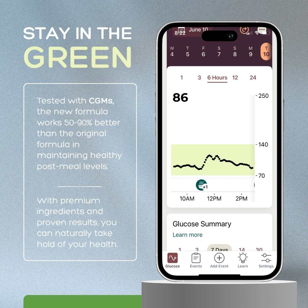 Phone displaying a glucose monitoring app with text about a new formula on a gray background