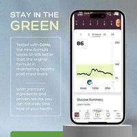 Phone displaying a glucose monitoring app with text about a new formula on a gray background