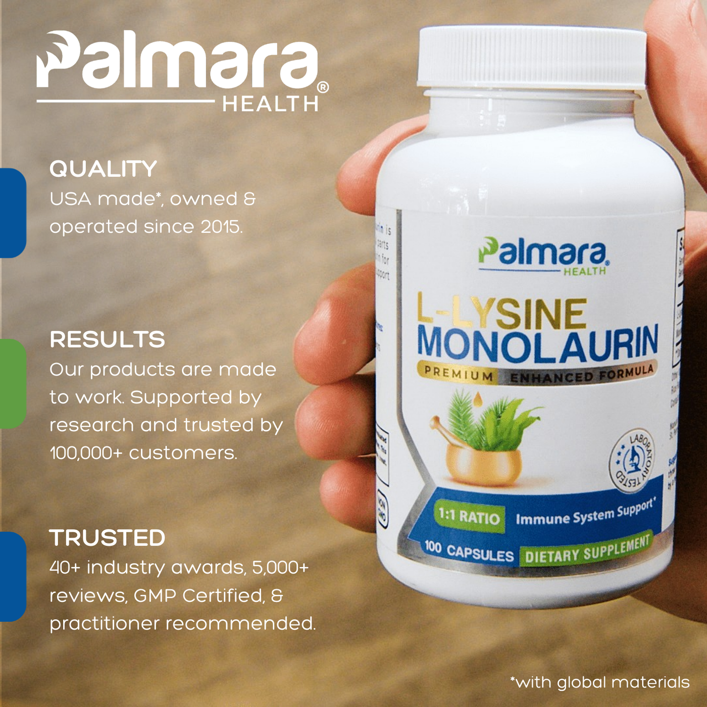 Palmara Health L-Lysine with Monolaurin Premium Enhanced Formula.