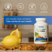 Level Off Glucose Support supplement bottle with lemons and cinnamon — vegan, non-GMO, lab tested metabolic health formula