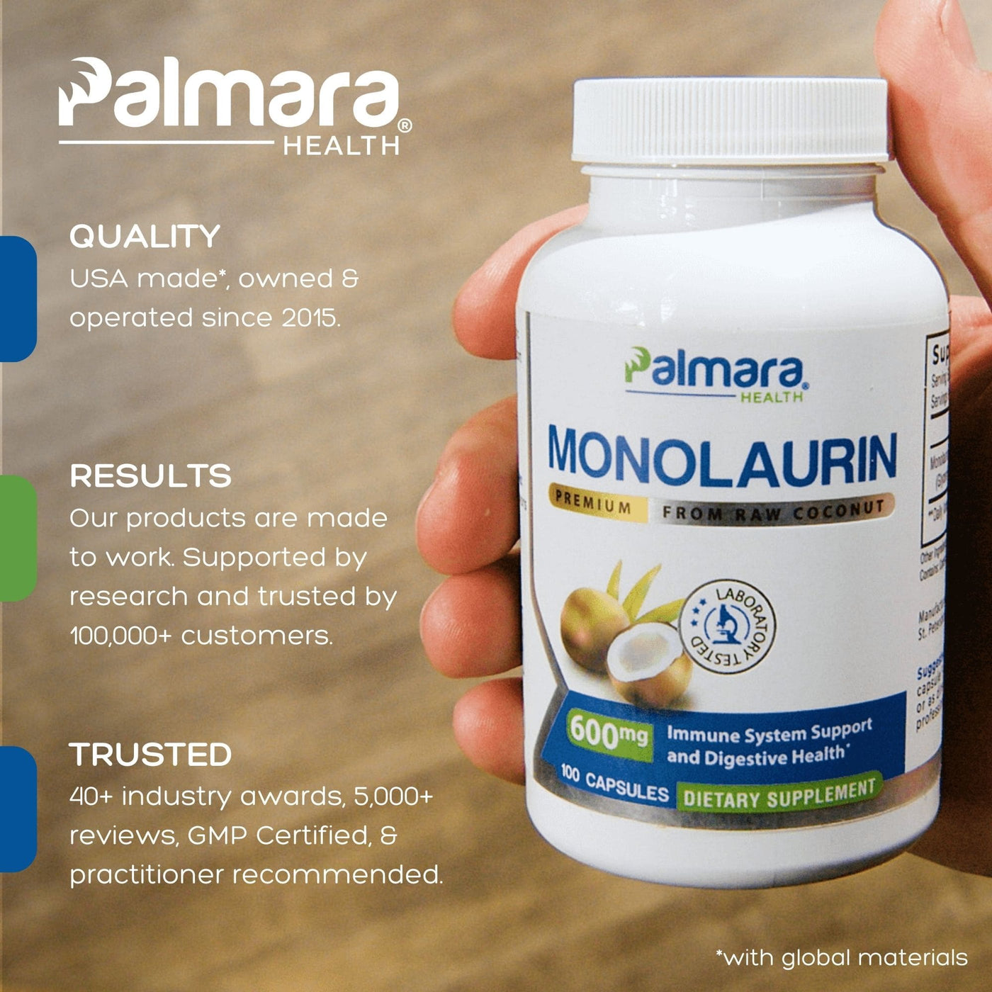 Palmara Monolaurin 600 mg bottle, immune support formula scientifically studied and trusted by customers.