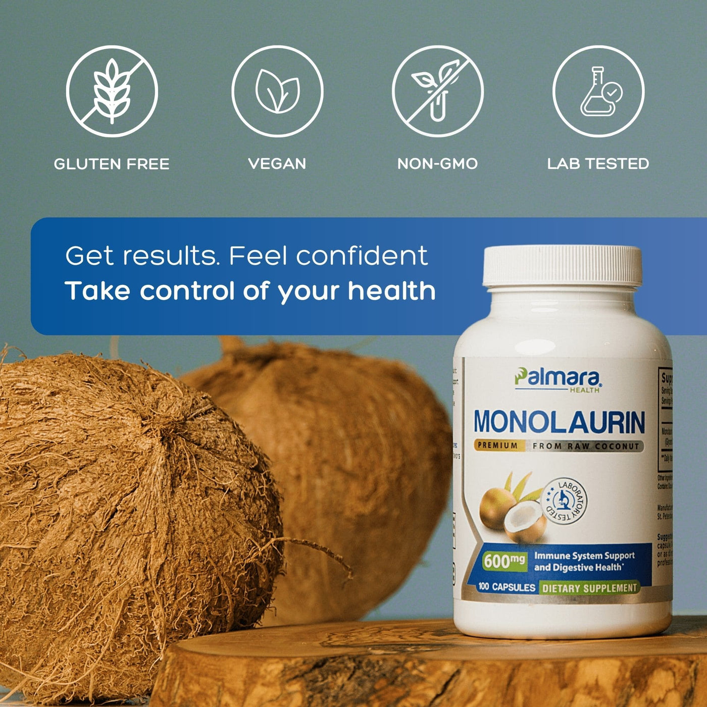 Palmara Health Monolaurin supplement bottle with coconuts — 600 mg immune and digestive support