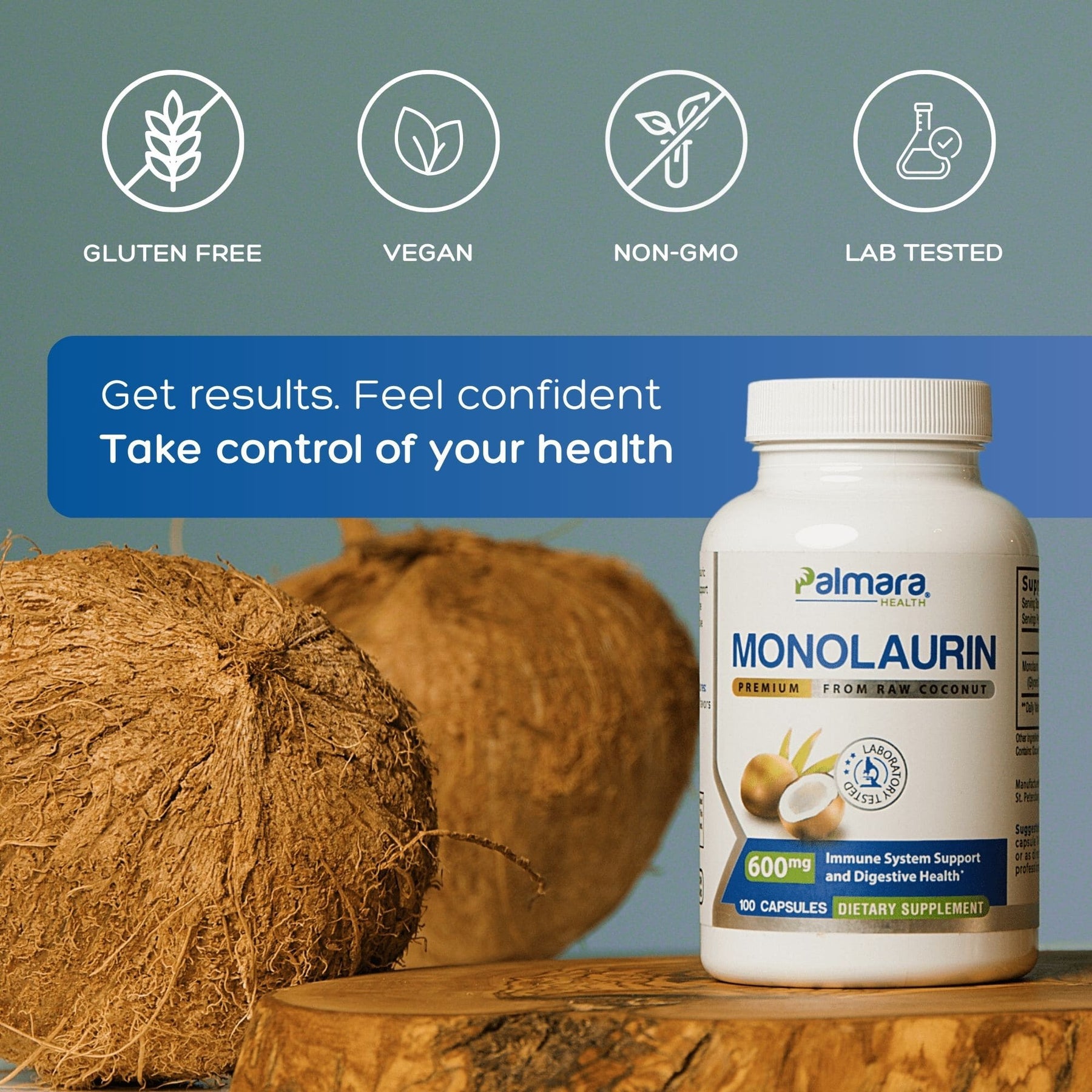 Palmara Health Monolaurin supplement bottle with coconuts — 600 mg immune and digestive support