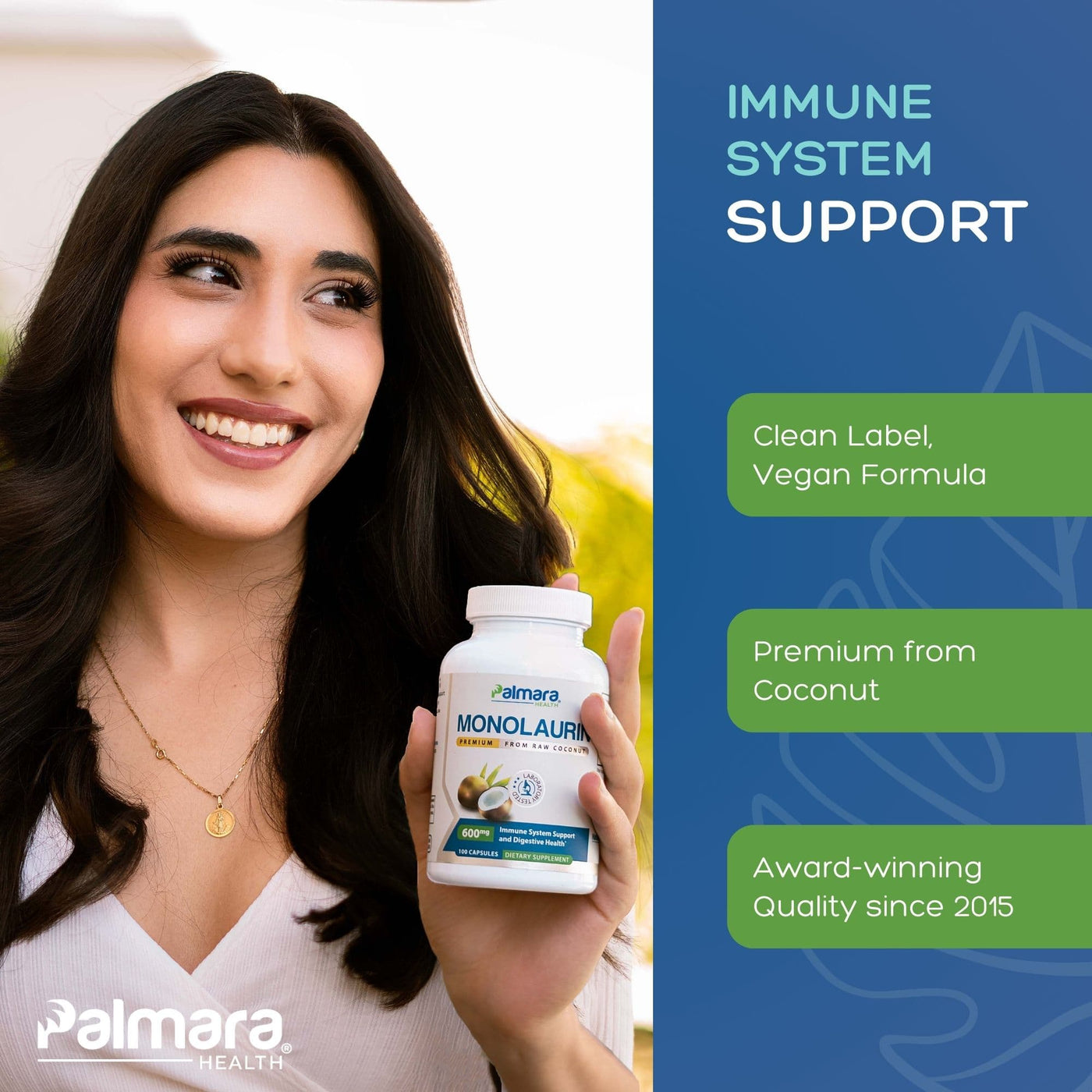 Palmara Health Monolaurin supplement bottle — vegan, clean label immune support formula made from coconut