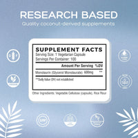 Supplement Facts for Monolaurin vegetarian capsules — coconut-derived, vegan, lab tested