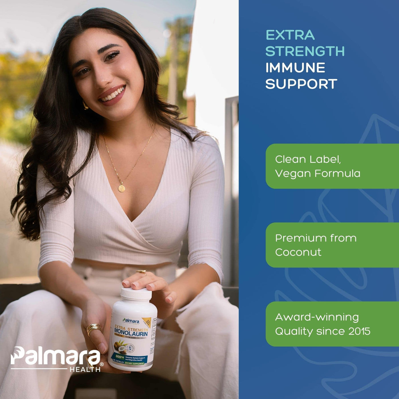 Palmara Health Extra Strength Monolaurin supplement — vegan coconut immune support formula.