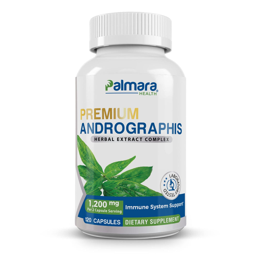 
                  
                    A Palmara Health branded bottle of Premium Andrographis herbal extract complex, prominently displaying the 1200 mg serving strength and its benefits for immune system support on the label.
                  
                