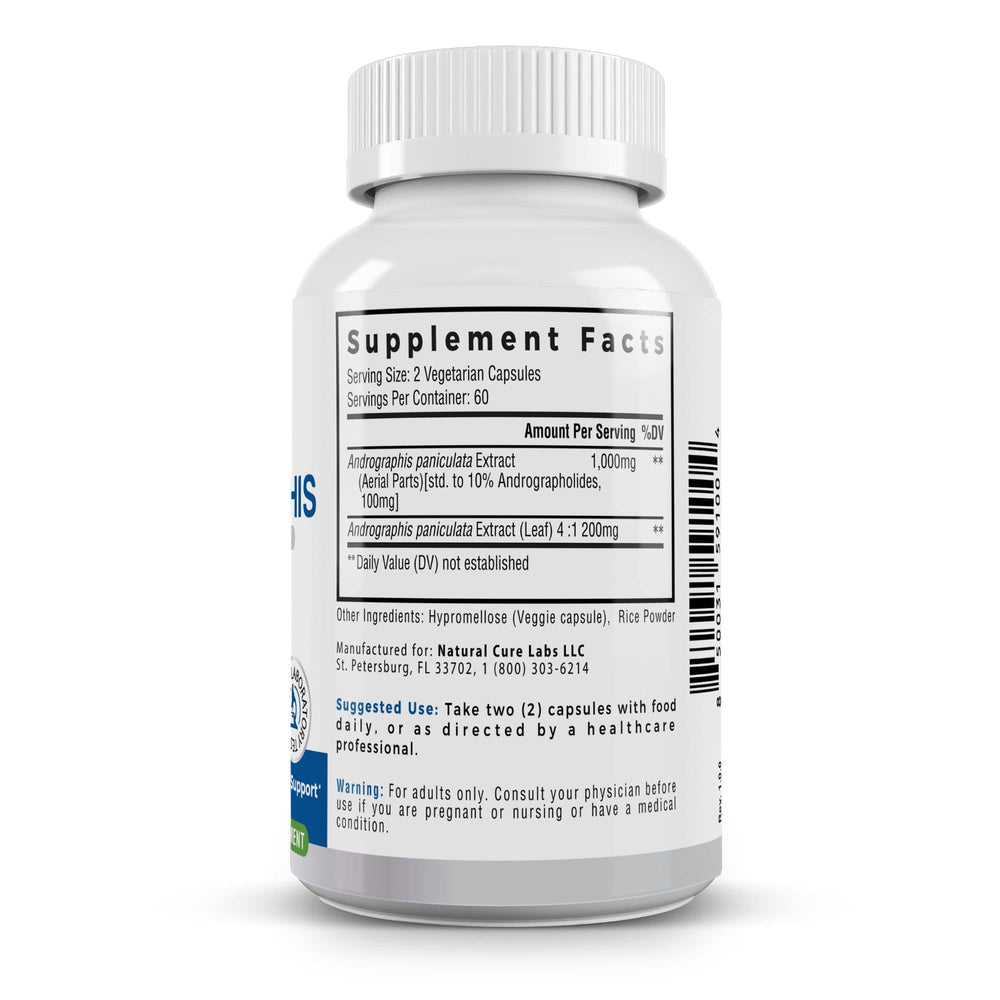 
                  
                    The supplement facts label on a Palmara Health Andrographis bottle providing detailed information on serving size, ingredients, and usage instructions, ensuring consumer knowledge and product transparency.
                  
                