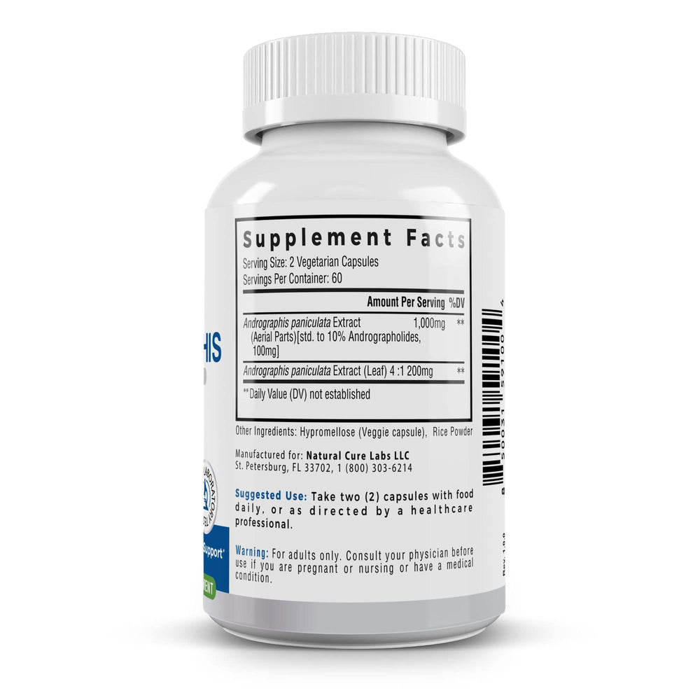 The supplement facts label on a Palmara Health Andrographis bottle providing detailed information on serving size, ingredients, and usage instructions, ensuring consumer knowledge and product transparency.