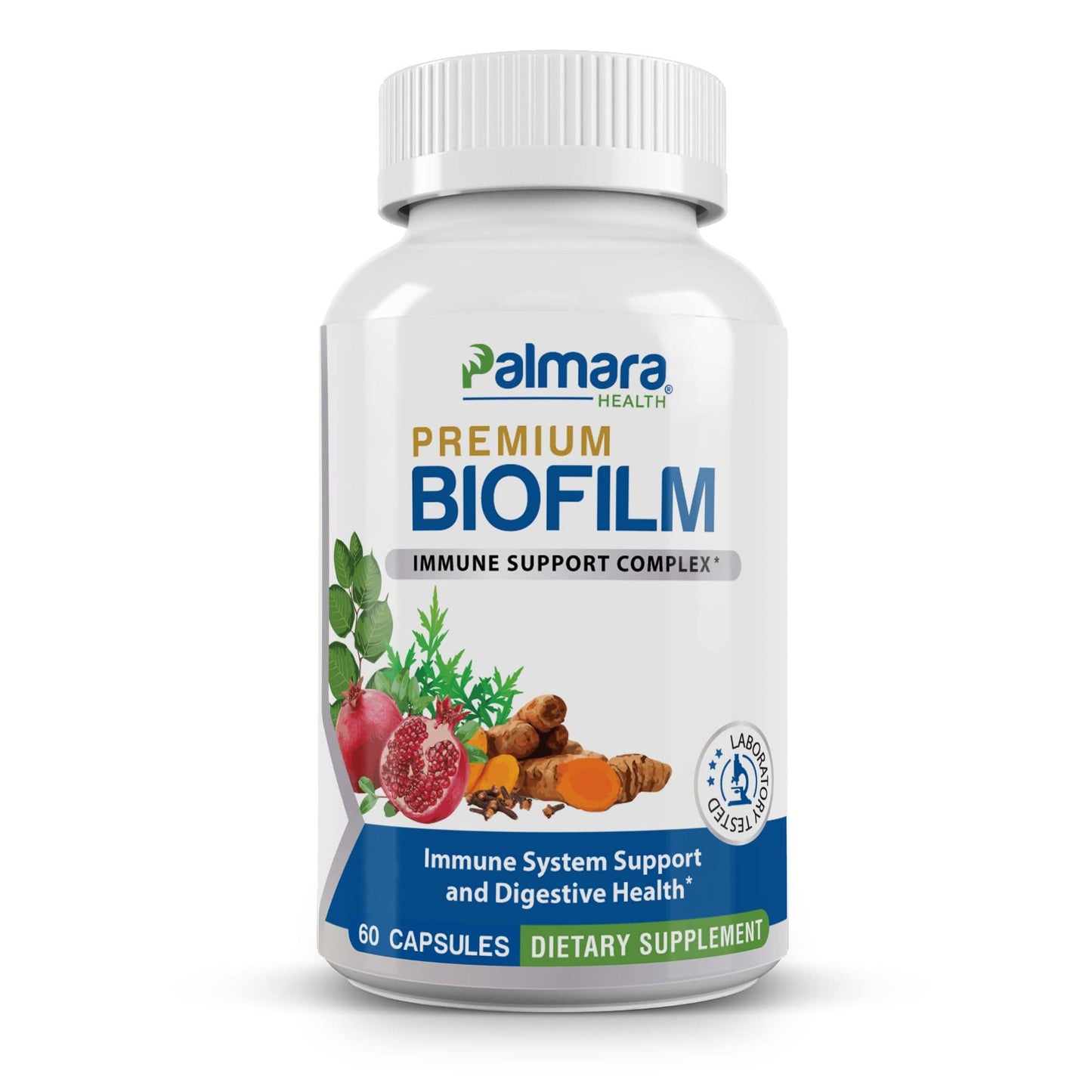 
                  
                    The front view of a Palmara Health Premium Biofilm Complex supplement bottle, showing the product's immune support and digestive health benefits, along with key ingredients like turmeric and pomegranate.
                  
                