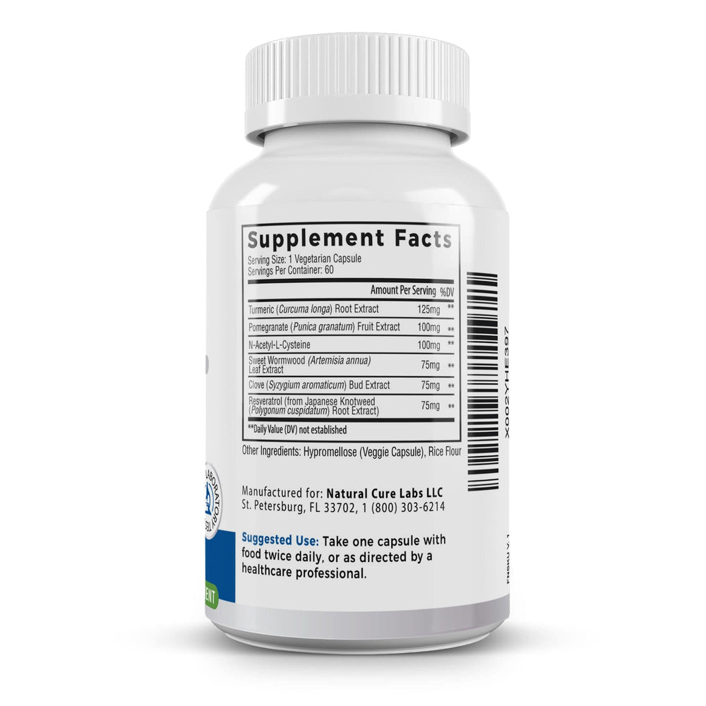 A label on the side of a Palmara Health Biofilm supplement bottle, detailing the ingredients and suggested use for supporting the body's management of biofilm.  Title: Palmara Health Premium Biofilm Complex Bottle