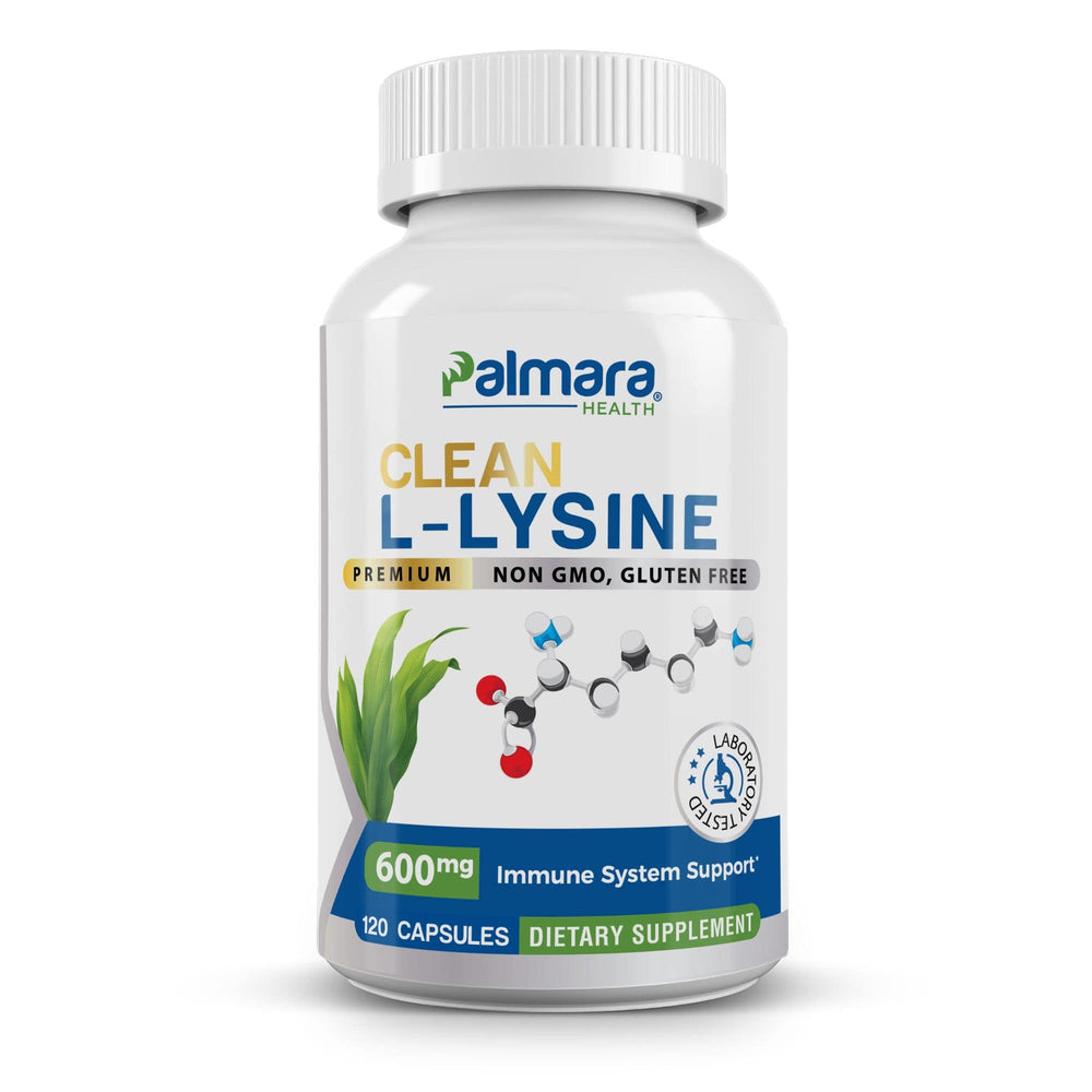 A close-up image of a Palmara Health Clean L-Lysine bottle, showing the front label with 600mg dosage, key benefits for immune support, and 120 capsules count, emphasizing the product's premium, non-GMO, and gluten-free attributes.