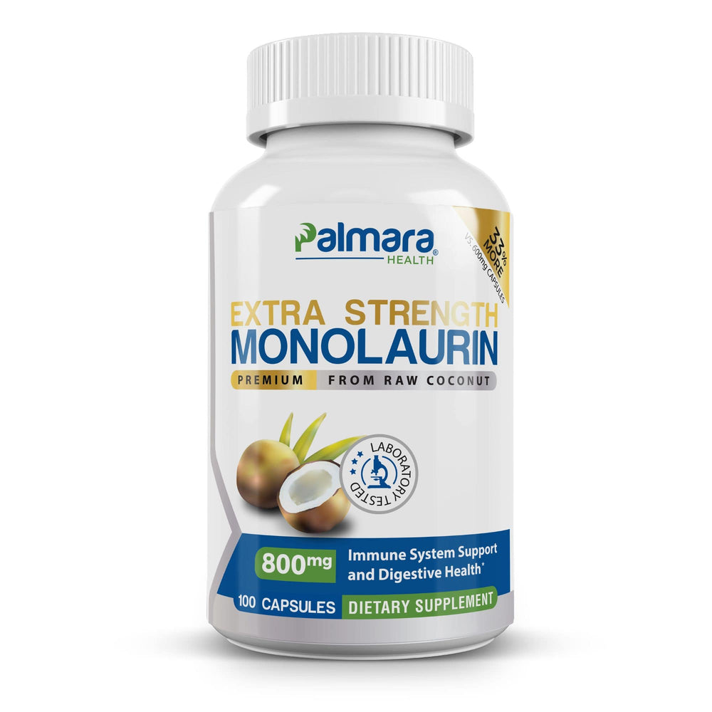 
                  
                    A bottle of Palmara Health Extra Strength Monolaurin dietary supplement, 800mg per capsule, with 100 capsules per bottle. The label indicates the product is derived from raw coconut and supports immune system and digestive health.
                  
                