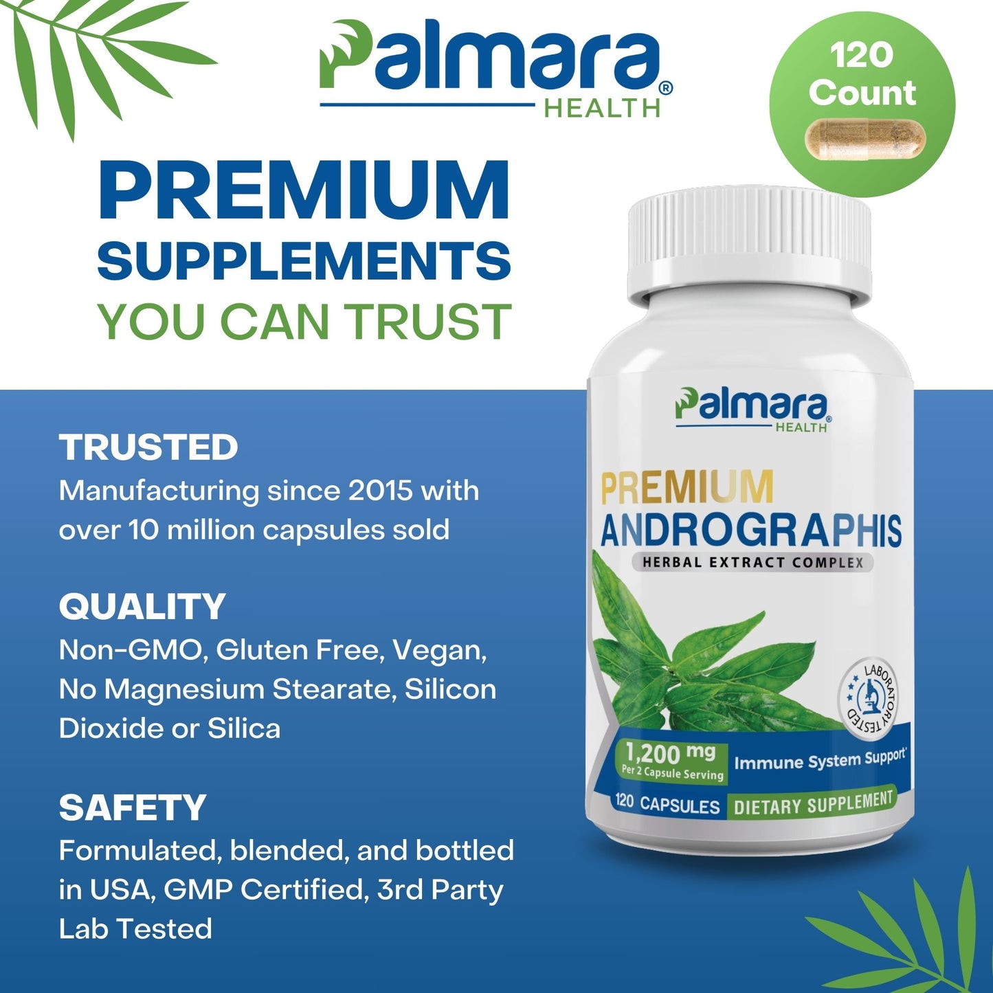 
                  
                    Promotional graphic for Palmara Health Premium Andrographis emphasizing the product's plant-based, trusted attributes with a clear view of the bottle and 120 capsule count.
                  
                